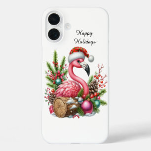 Festive Christmas Holiday pink flamingo iPhone 16 Plus Case