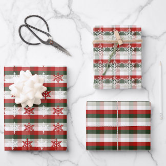Festive Christmas, Holiday Plaid & Snowflake Wrapping Paper Sheet