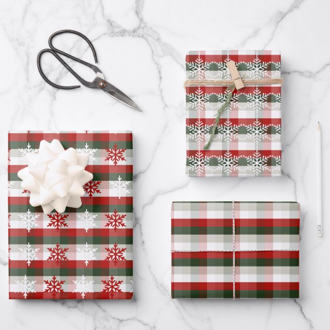 Festive Christmas, Holiday Plaid & Snowflake Wrapping Paper Sheet (Front)