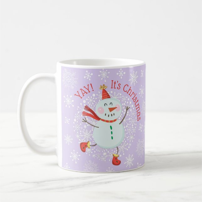 Festive Christmas Holiday Snowman Snowflakes Coffee Mug (Left)