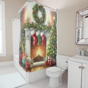 Festive Christmas Holiday Stockings Shower Curtain