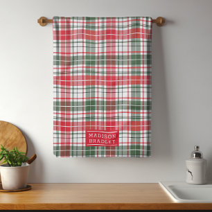 Festive Christmas Holiday Tartan Personalised Name Tea Towel