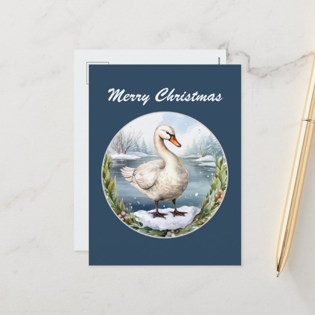 Festive Christmas Holiday watercolor swan Postcard (Front/Back In Situ)