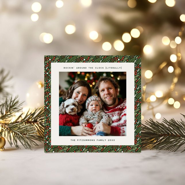 Festive Christmas Holly Leaf Folded Holiday Card (Holly Leaf Christmas square photo card)