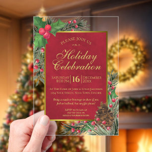 Festive Christmas Holly & Pine Holiday Party Acrylic Invitations