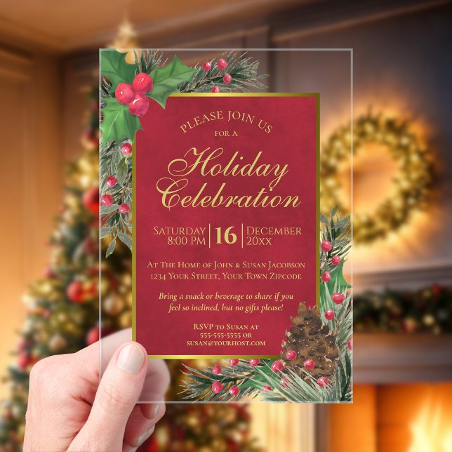 Festive Christmas Holly & Pine Holiday Party Acrylic Invitations (Creator Uploaded)