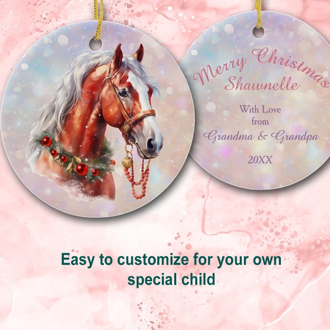 Festive Christmas Horse Granddaughter  Ceramic Ornament (Creator Uploaded)