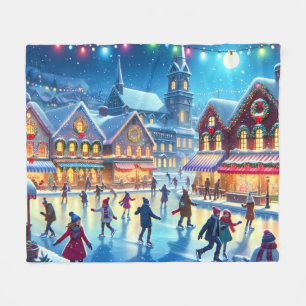 Festive Christmas Ice Skating Scene Fleece Blanket