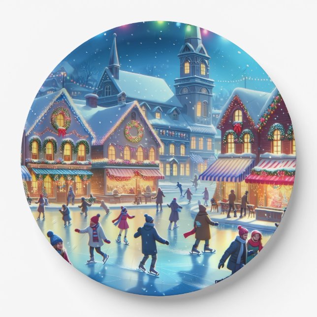 Festive Christmas Ice Skating Scene Paper Plate (Front)
