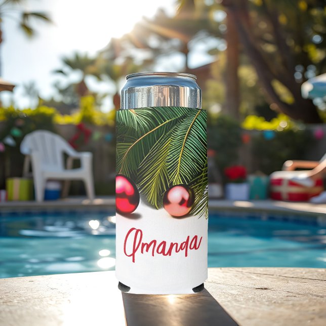 Festive Christmas In July Tropical Palm Tree Name Seltzer Can Cooler (Christmas in July tropical drink can cooler with festive palm trees, ornaments and personalized name)