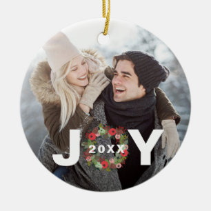 Festive Christmas Joy with Wreath and Year Photo Ceramic Ornament