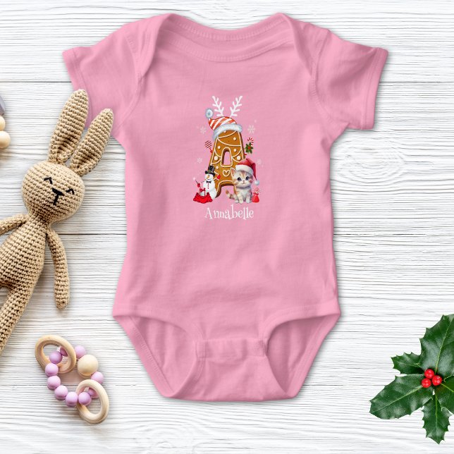 Festive Christmas Kitten Gingerbread Letter A Girl Baby Bodysuit (Creator Uploaded)