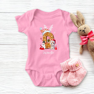 Festive Christmas Kitten Gingerbread Letter D Girl Baby Bodysuit