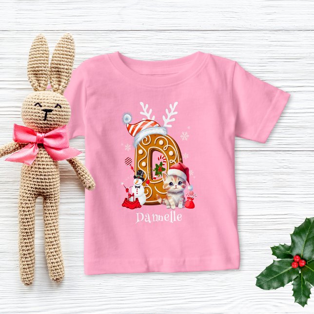 Festive Christmas Kitten Gingerbread Letter D Girl Baby T-Shirt (Creator Uploaded)