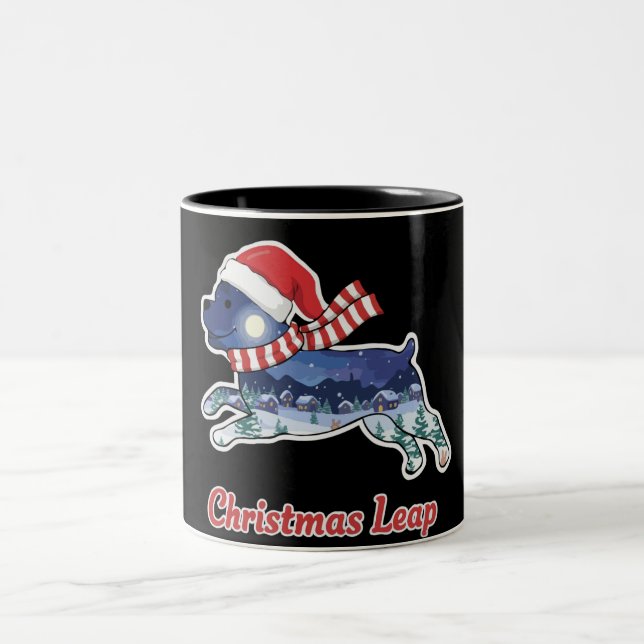 Festive Christmas Leaping Dog | Cute Puppy Santa  Two-Tone Coffee Mug (Center)