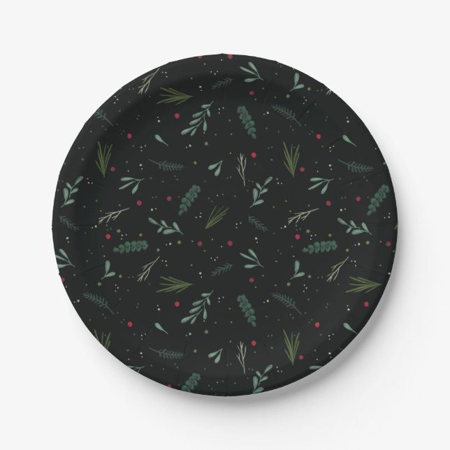 Festive Christmas Leaves Berries Black Paper Plate (Front)