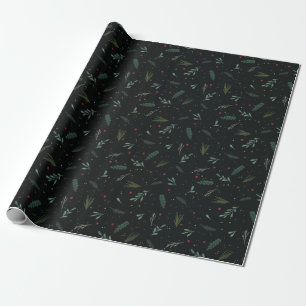 Festive Christmas Leaves Berries Botanical Black Wrapping Paper