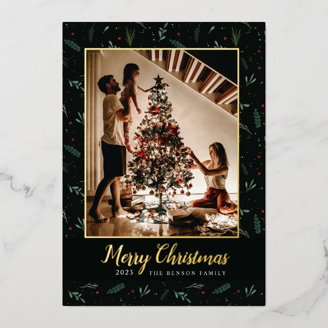 Festive Christmas Leaves Berries Photo Foil Holiday Card (Front)