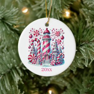 Festive Christmas lighthouse add date message Ceramic Ornament