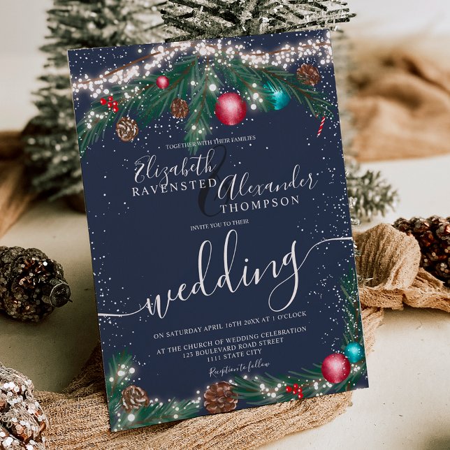 Festive Christmas lights pine branch snow wedding Invitation (Festive Christmas lights pine branch snow wedding Invitation on blue)