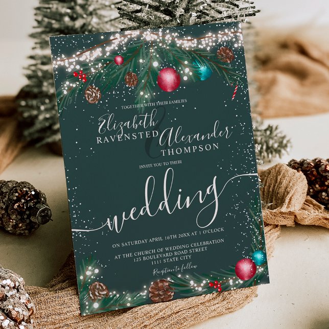 Festive Christmas lights pine branch snow wedding Invitation (Festive Christmas lights pine branch snow wedding Invitation on green)