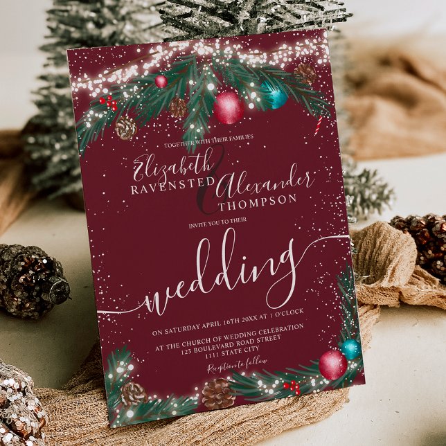 Festive Christmas lights pine branch snow wedding Invitation (Festive Christmas lights pine branch snow wedding Invitation on red)