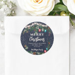 Festive Christmas lights pine branches snow blue Classic Round Sticker<br><div class="desc">This Christmas sticker features a classic and festive holiday design with pine branches adorned with ornaments, pinecones, white berries, and candy canes. Set against a rich dark navy blue background with delicate snowfall accents, the sticker includes a personalised message of "Merry Christmas" and warm holiday wishes. The circular format makes...</div>