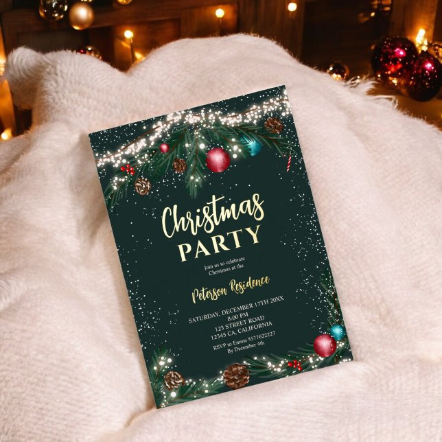 Festive Christmas lights pine branches snow green (Festive Christmas lights pine branches snow green Foil Invitation)