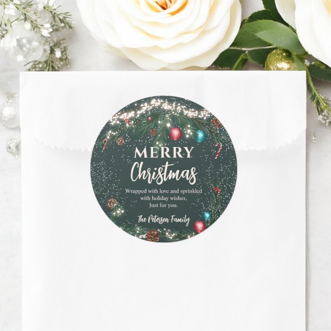 Festive Christmas lights pine branches snow green Classic Round Sticker (Festive Christmas lights pine branches snow green Classic Round Sticker)