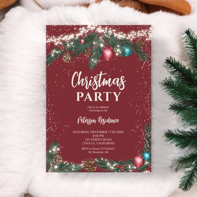 Festive Christmas lights pine branches snow red Invitation (Festive Christmas lights pine branches snow blue Invitation red)