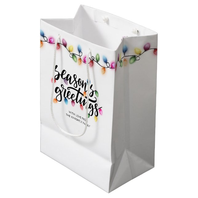 Festive Christmas Lights Seasons Greetings Name Medium Gift Bag (Front Angled)