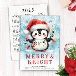 Festive Christmas Merry & Bright Cute Penguin Holiday Card<br><div class="desc">This personalised cute Christmas card features a cheerful penguin in a red Santa hat holding Christmas lights. This design is with a snowy blue watercolor background. A "Merry & Bright" saying vibrant red colour and template text for greetings, family name and a year are on the card's front side; the...</div>