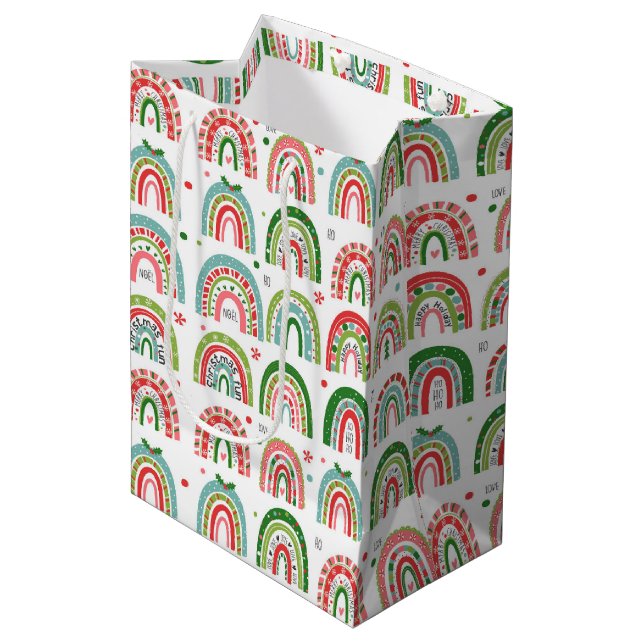 Festive Christmas Modern Rainbow Pattern Medium Gift Bag (Front Angled)