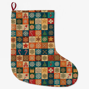 Festive Christmas Mosaic Pattern With Snowflakes Large Christmas Stocking