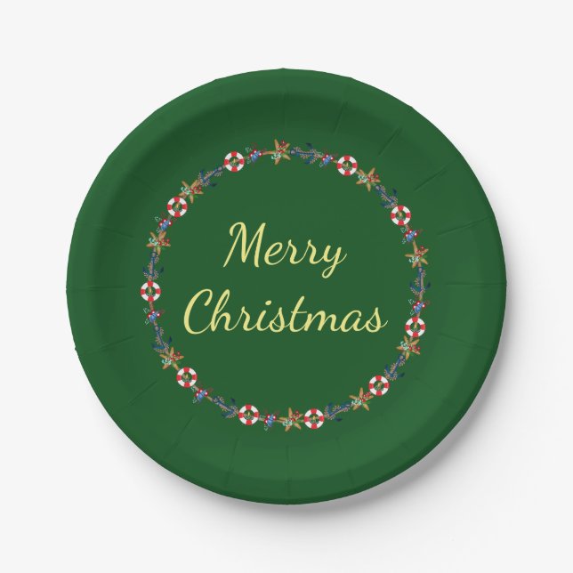 Festive Christmas Nautical Wreath Merry Christmas Paper Plate (Front)