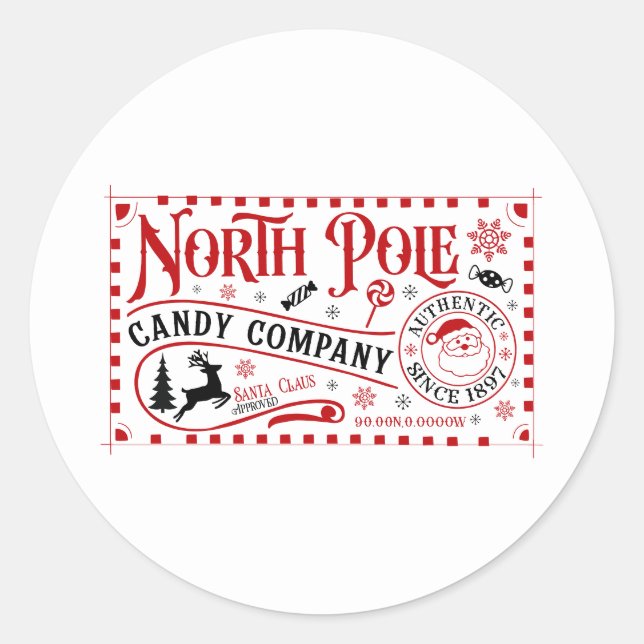 Festive Christmas North Pole Candy Company Classic Round Sticker (Front)