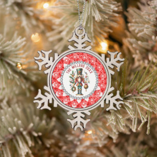 Festive Christmas Nutcracker 2 Red Diamonds Frame Snowflake Pewter Christmas Ornament