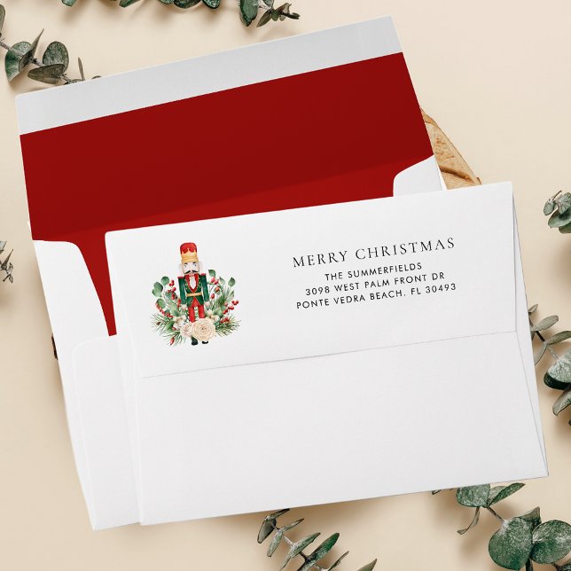 Festive Christmas Nutcracker Return Address Envelope (Christmas Botanical Nutcracker Greenery Red Return Addressed Envelope)
