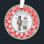 Festive Christmas Nutcrackers Red Diamonds Frame Ornament<br><div class="desc">Colourful Christmas nutcracker ornament design with holiday symbols on a white background with an image of a red diamond frame.</div>