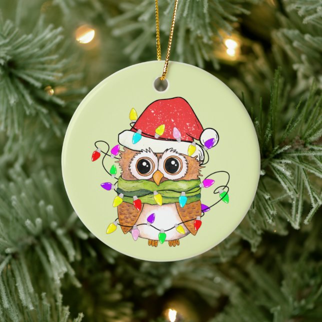 festive Christmas owl add sentiment Ceramic Ornament (Tree)