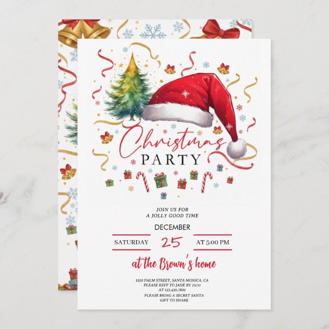 Festive Christmas Party Invitation Red Santa Hat (Front/Back)