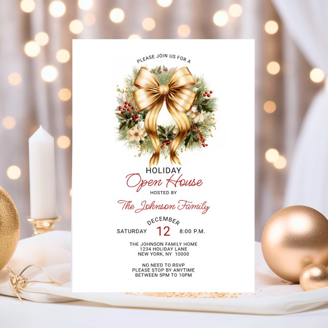 Festive CHRISTMAS PARTY Red Gold Wreath Open House Invitation (Festive CHRISTMAS PARTY Red Gold Wreath Company Invitation)