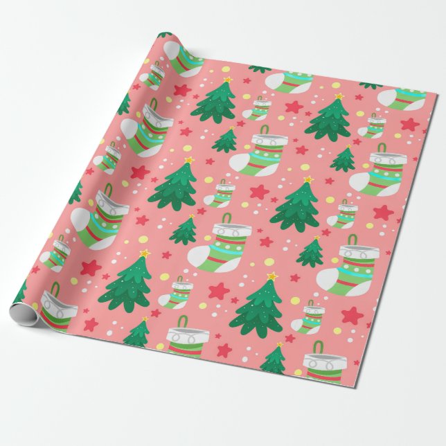 Festive Christmas Pattern of Stars Stockings Trees Wrapping Paper (Unrolled)
