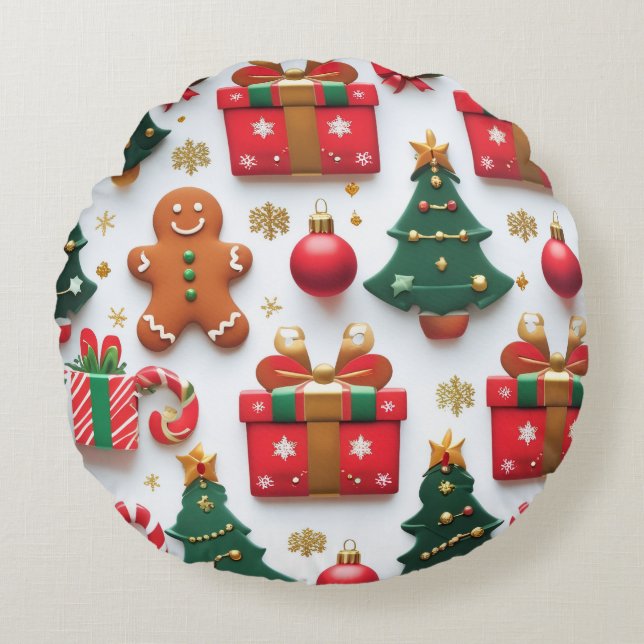 Festive Christmas Pattern Round Cushion (Front)