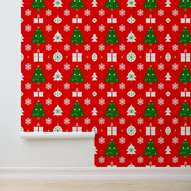 Festive Christmas Pattern with Trees, Snowflakes Wallpaper (Application)