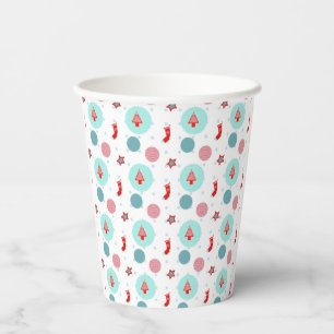 Festive Christmas pattern with trees, stockings, Paper Cups
