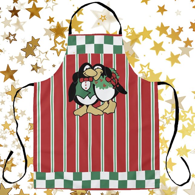 Festive Christmas Penguin Couple Cute Holiday Red Apron (Creator Uploaded)