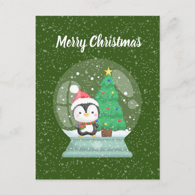 Festive Christmas penguin snowglobe Holiday Postcard (Front)