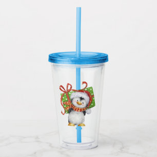 Festive Christmas Penguin with Gift - Holiday Deco Acrylic Tumbler