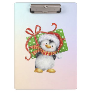 Festive Christmas Penguin with Gift - Holiday Deco Clipboard